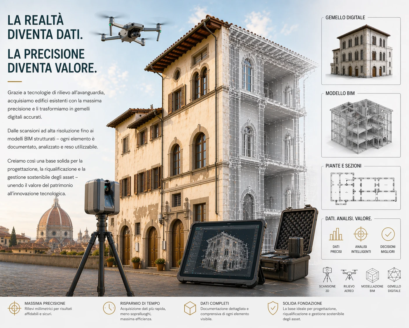 Rilievo ad alta precisione per edifici esistenti: creiamo gemelli digitali e modelli BIM come base per analisi affidabili, pianificazione e decisioni sostenibili.