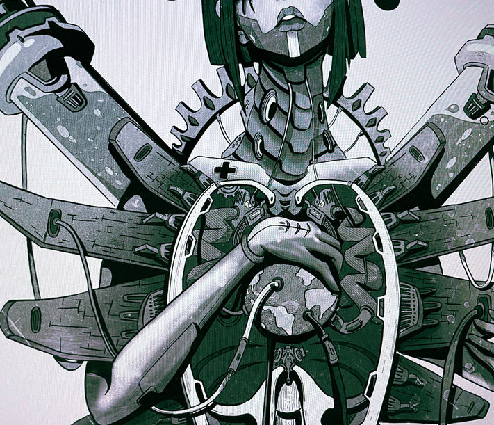 A drawing of a dark sci fi cyberpunk princess with open chest and a lot of mechanical parts.