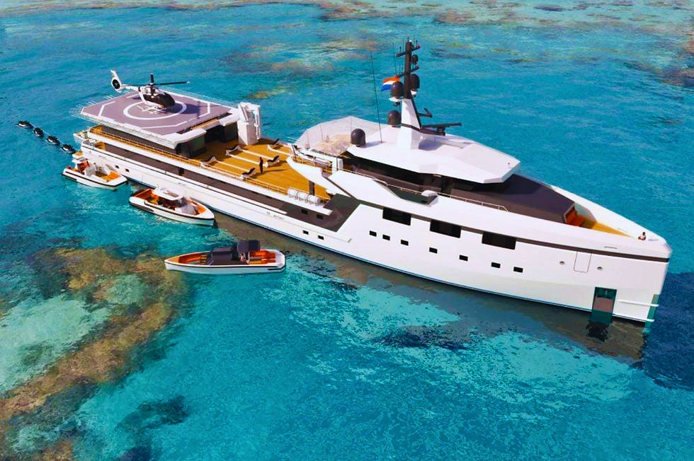 Large white yacht named Abeona with a helipad and helicopter on turquoise water, flanked by small boats. Sunny, tropical setting.