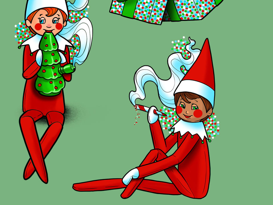Elf on the shelf cannabis weed pot marijuana Christmas Tattoo smoking high