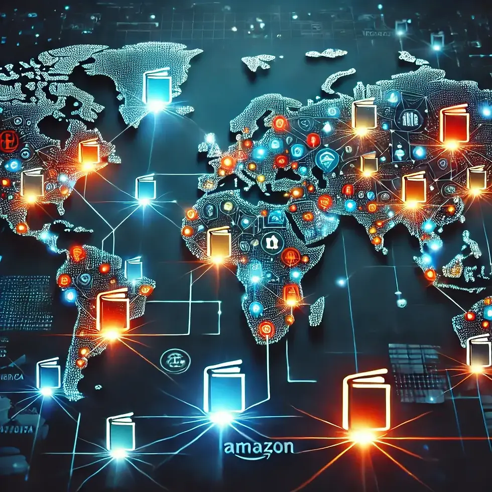 World map with glowing book icons highlighting global book distribution through platforms like Amazon and IngramSpark, promoting worldwide book publishing services.