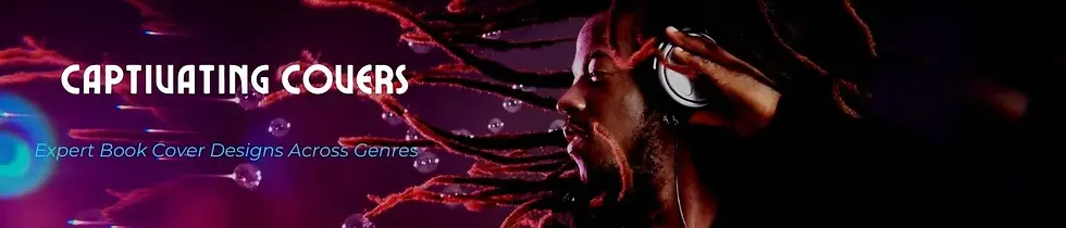 Image of a person with dreadlocks listening to music, with the text 'Captivating Covers' representing expert book cover design services across genres.