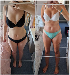 Online female PT client showing off body transformation and weight loss progress