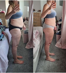 Female client showing off weight loss progress after 2 weeks
