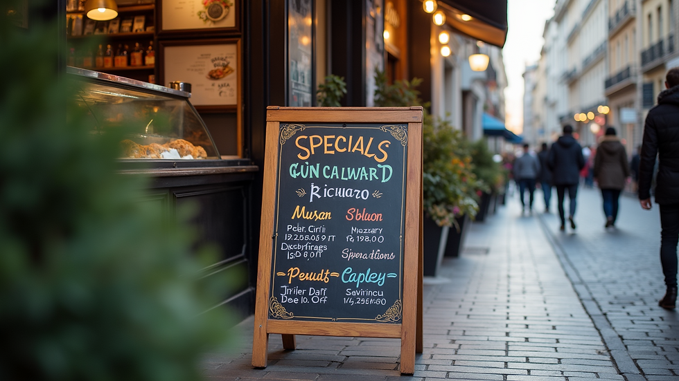 Eye-level view of a vibrant pavement board outside a café