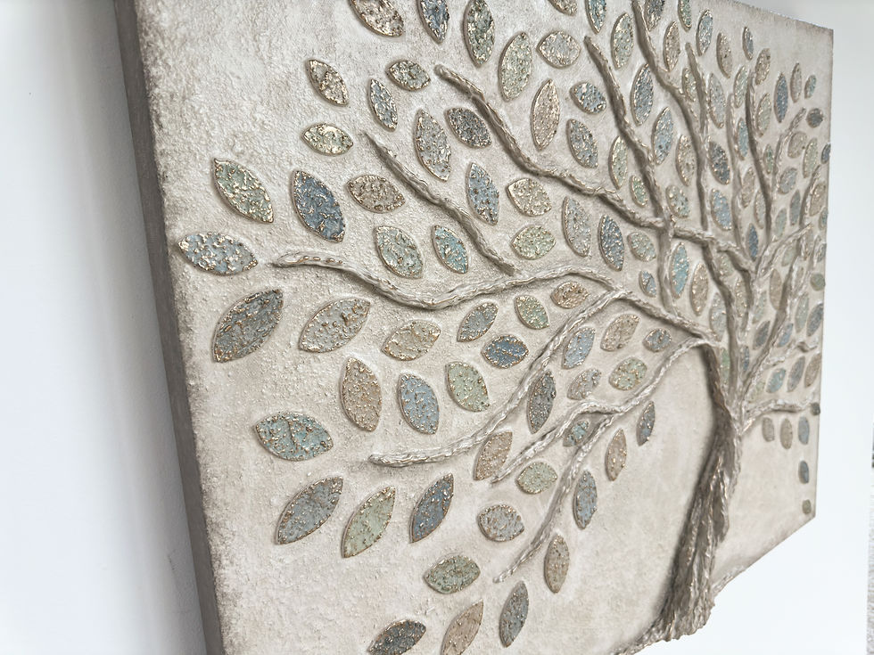 Thumbnail: A neutral tree painting on canvas with a textured background and leaves in shades of blue and green and gilded in gold