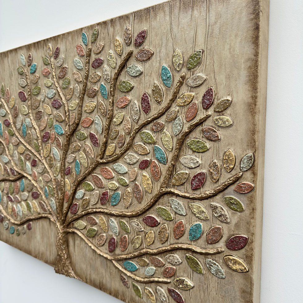 Thumbnail: A colorful dimensional tree painting with lots of sparkling leaves and raised trunk and branches gilded in gold