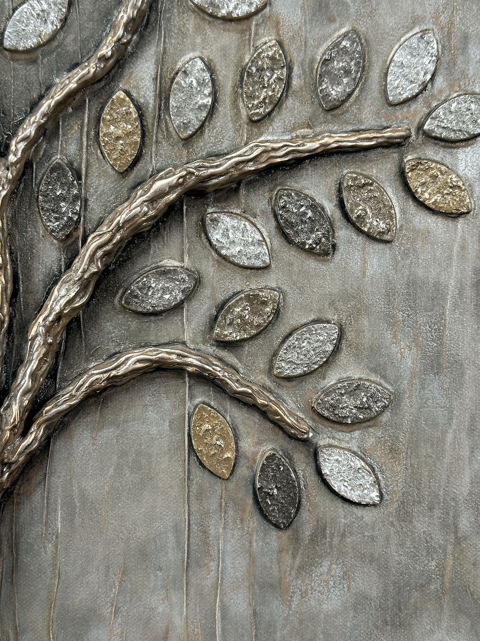 Thumbnail: Close up view to show leaves in neutral colors of silver, charcoal, gray and gold with sparkling crushed glass.