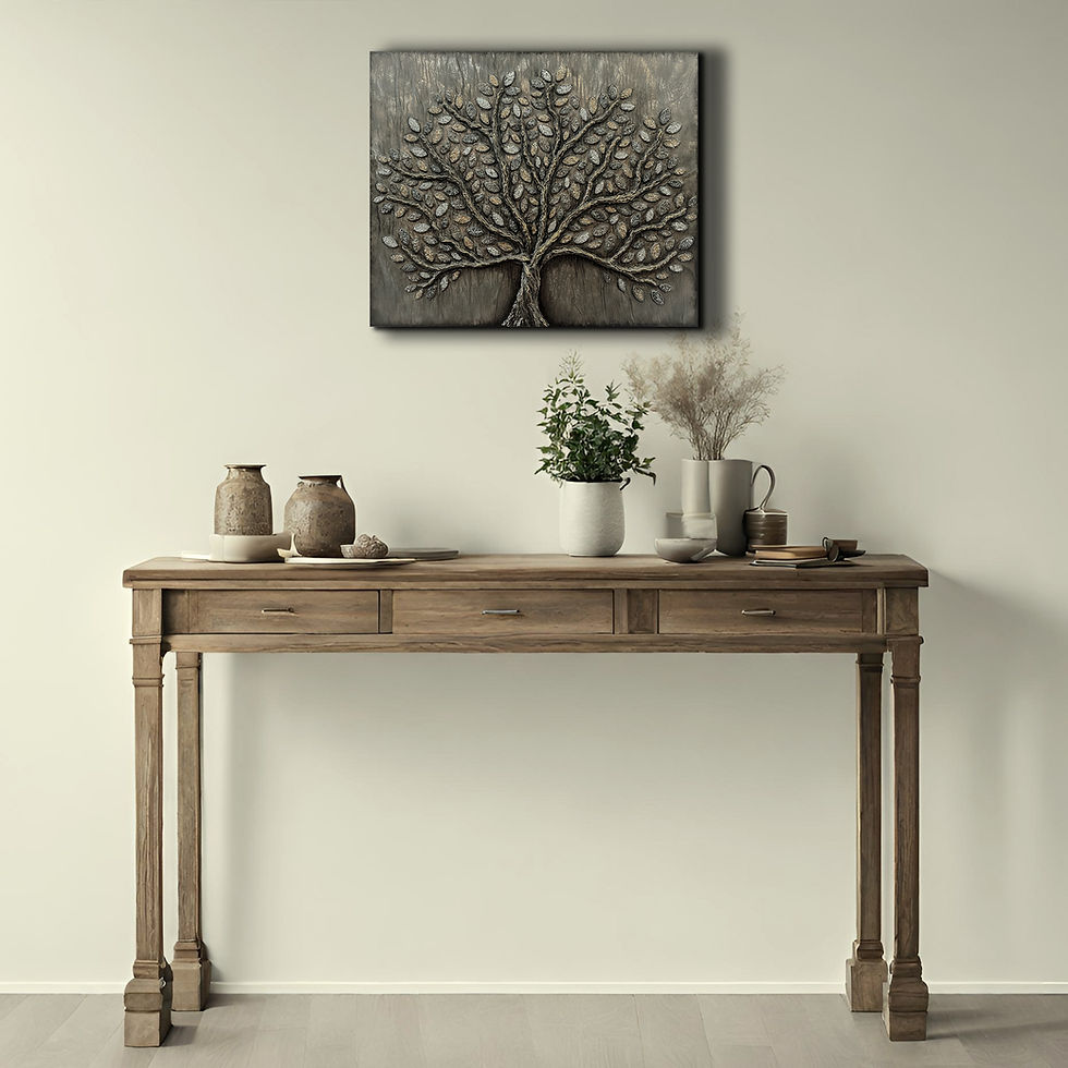 Thumbnail: An original art painting featuring a neutral, highly textured tree built on a canvas.