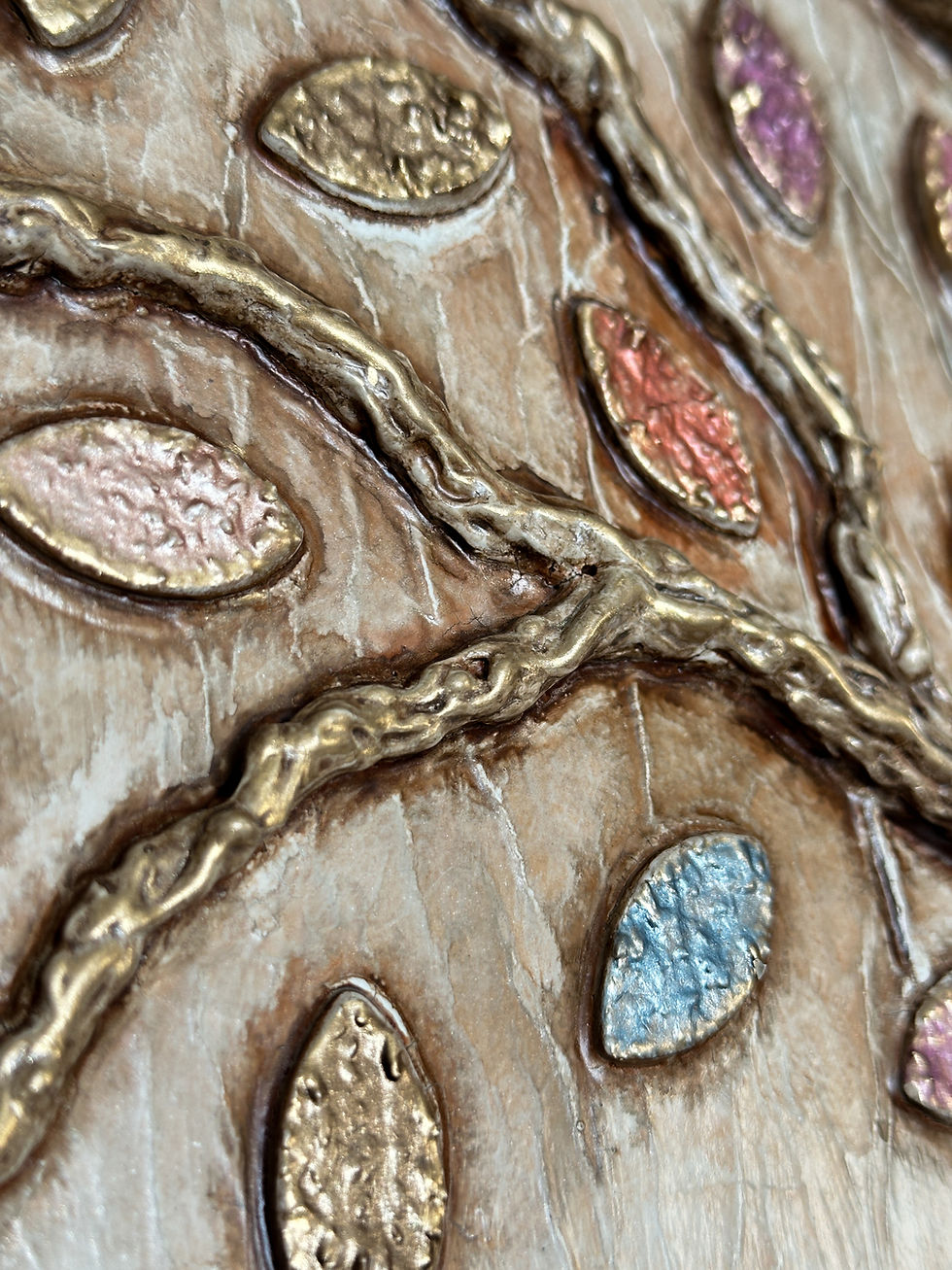 Thumbnail: A highly textured dimensional tree painting with raised trunk and branches in warm shades of orange and brown