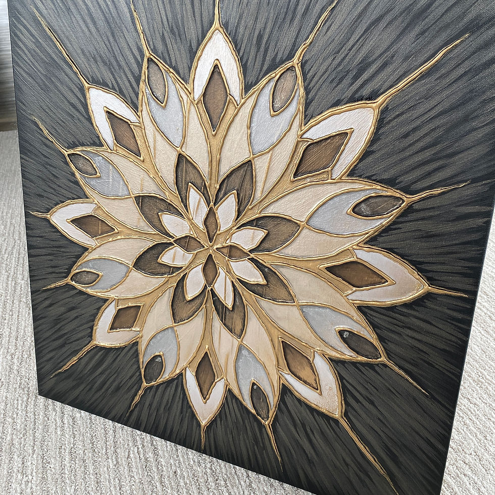 Thumbnail: A symmetrical painting in neutral colors of black, silver, gold and sepia resembling a stained glass window