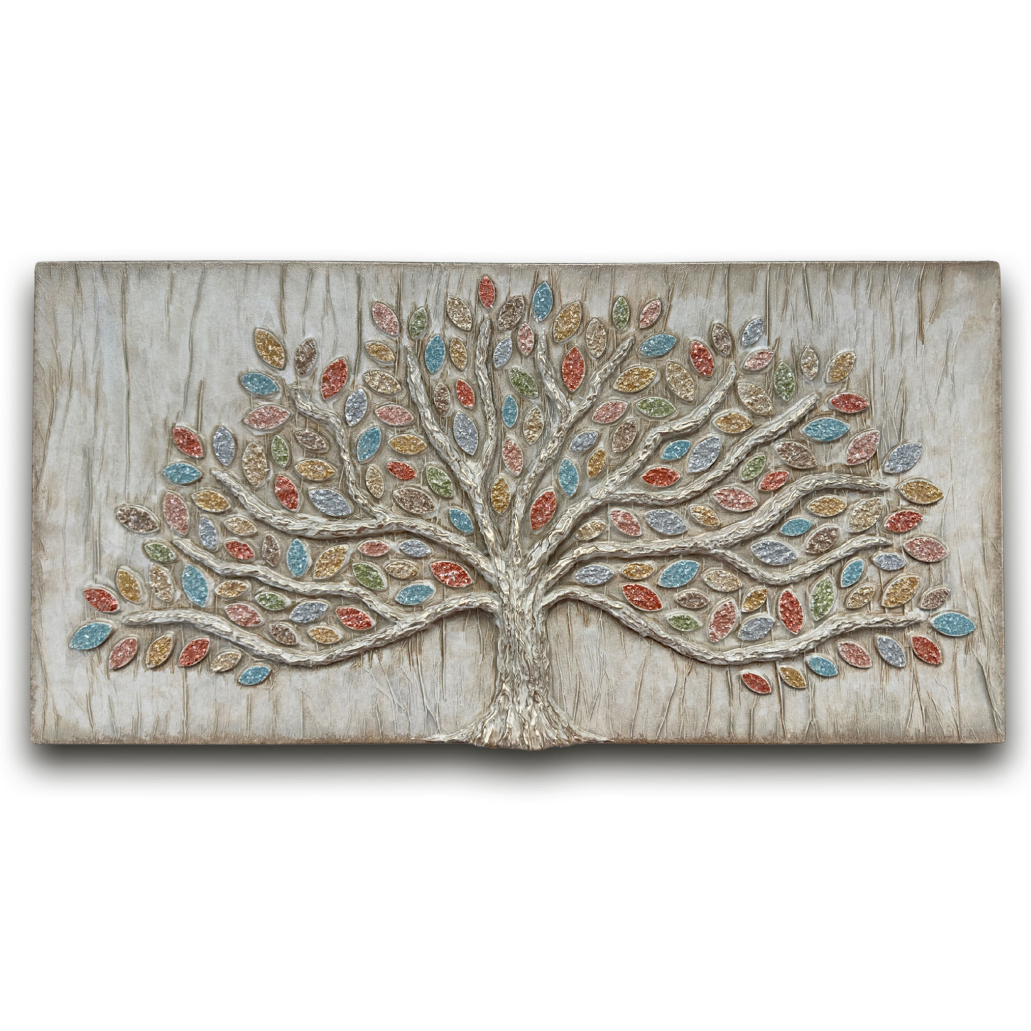 A colorful tree painting with dimensional leaves and branches.