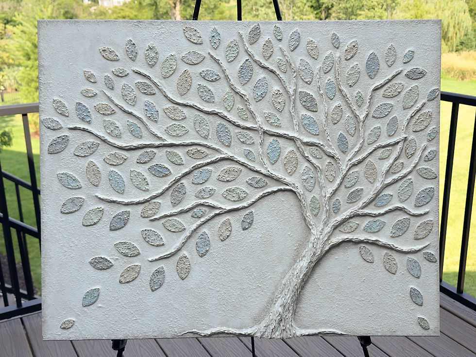 Thumbnail: A neutral tree painting on canvas with a textured background and leaves in shades of blue and green and gilded in gold