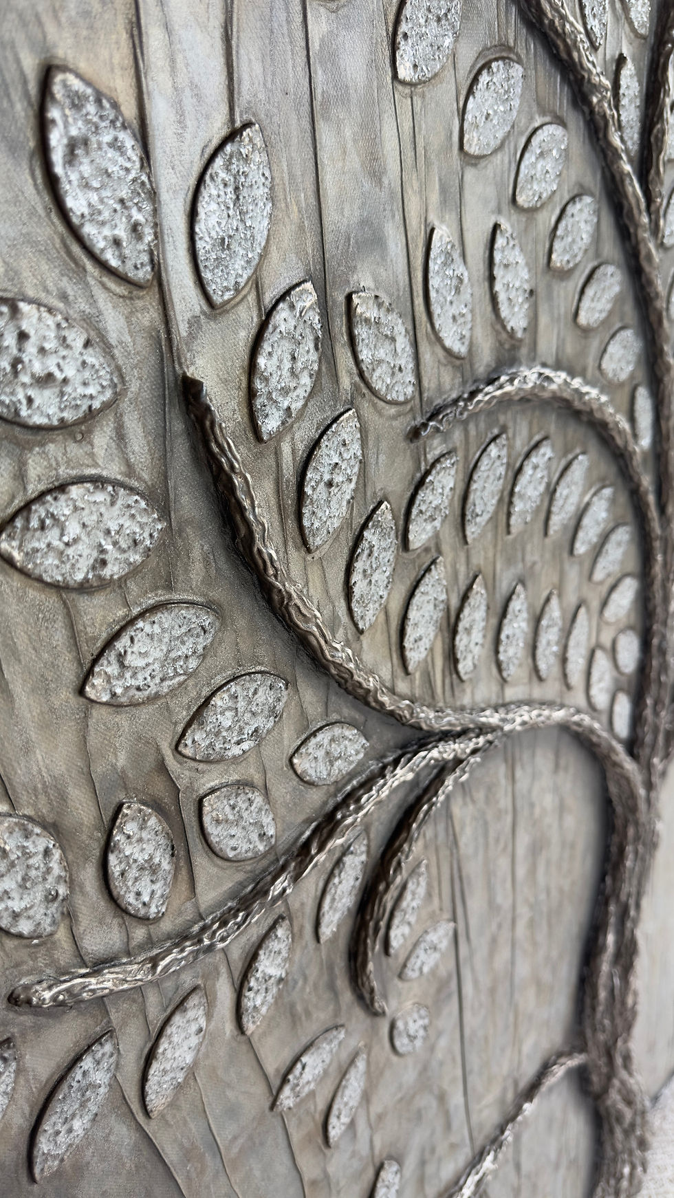 Thumbnail: A large dimensional tree painting with raised branches and leaves, crushed glass for sparkle, and a metallic background