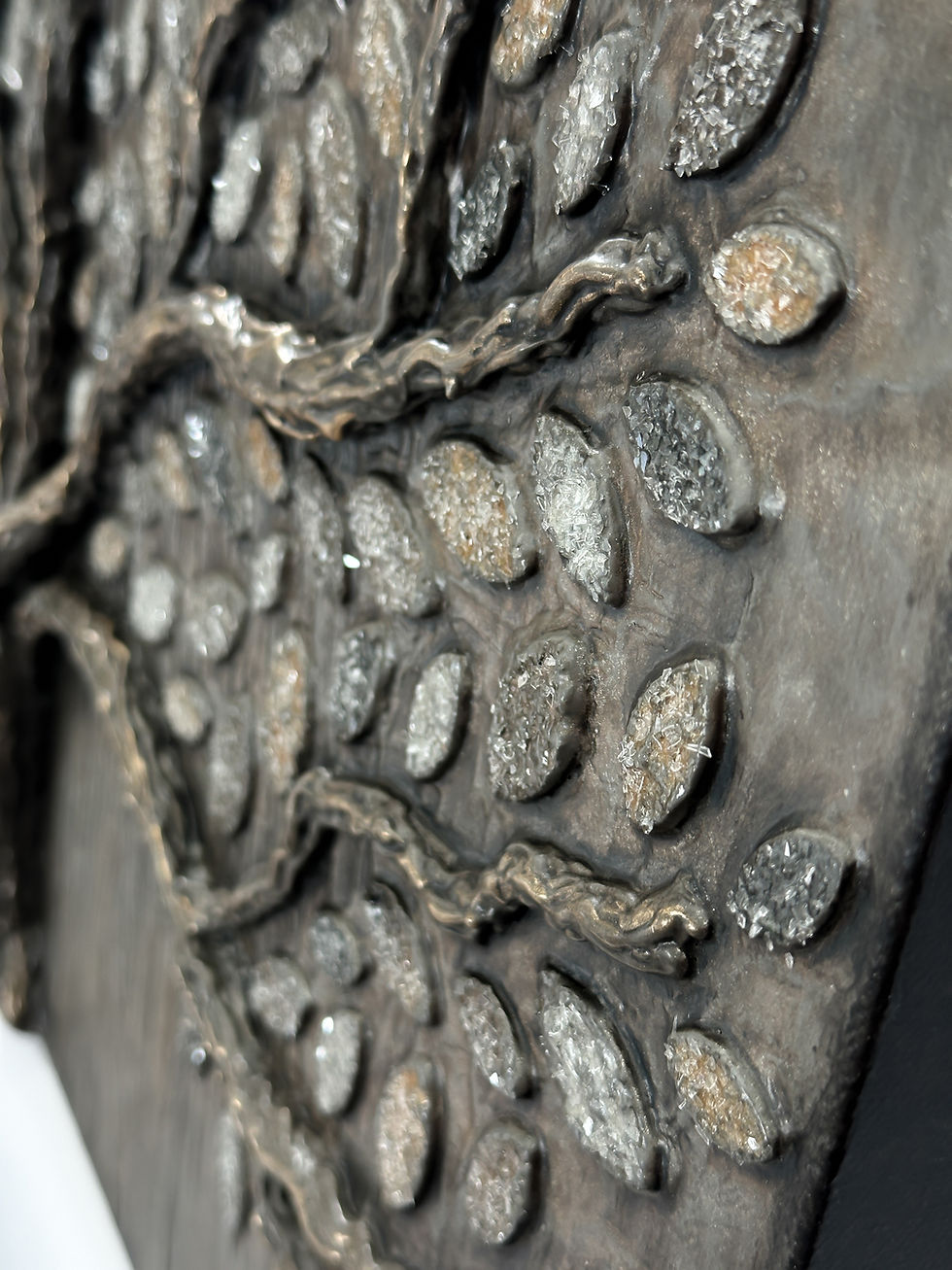 Thumbnail: An original art painting featuring a neutral, highly textured tree built on a canvas.