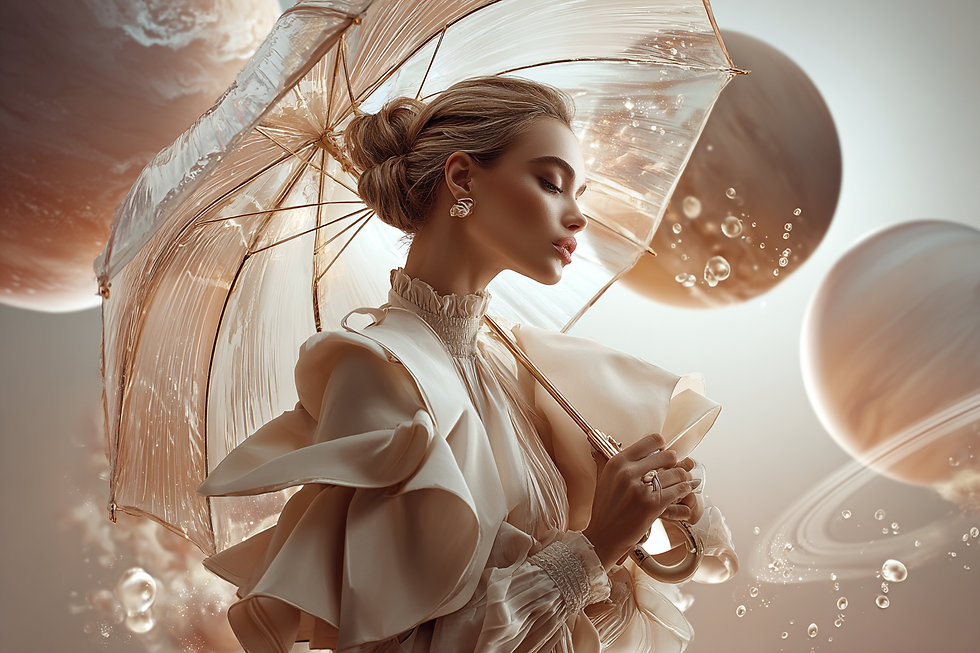 красива съвременна жена с прозрачен чадър сред планети и звезди, символ на защита и вътрешна стабилност в Хюман Дизайн