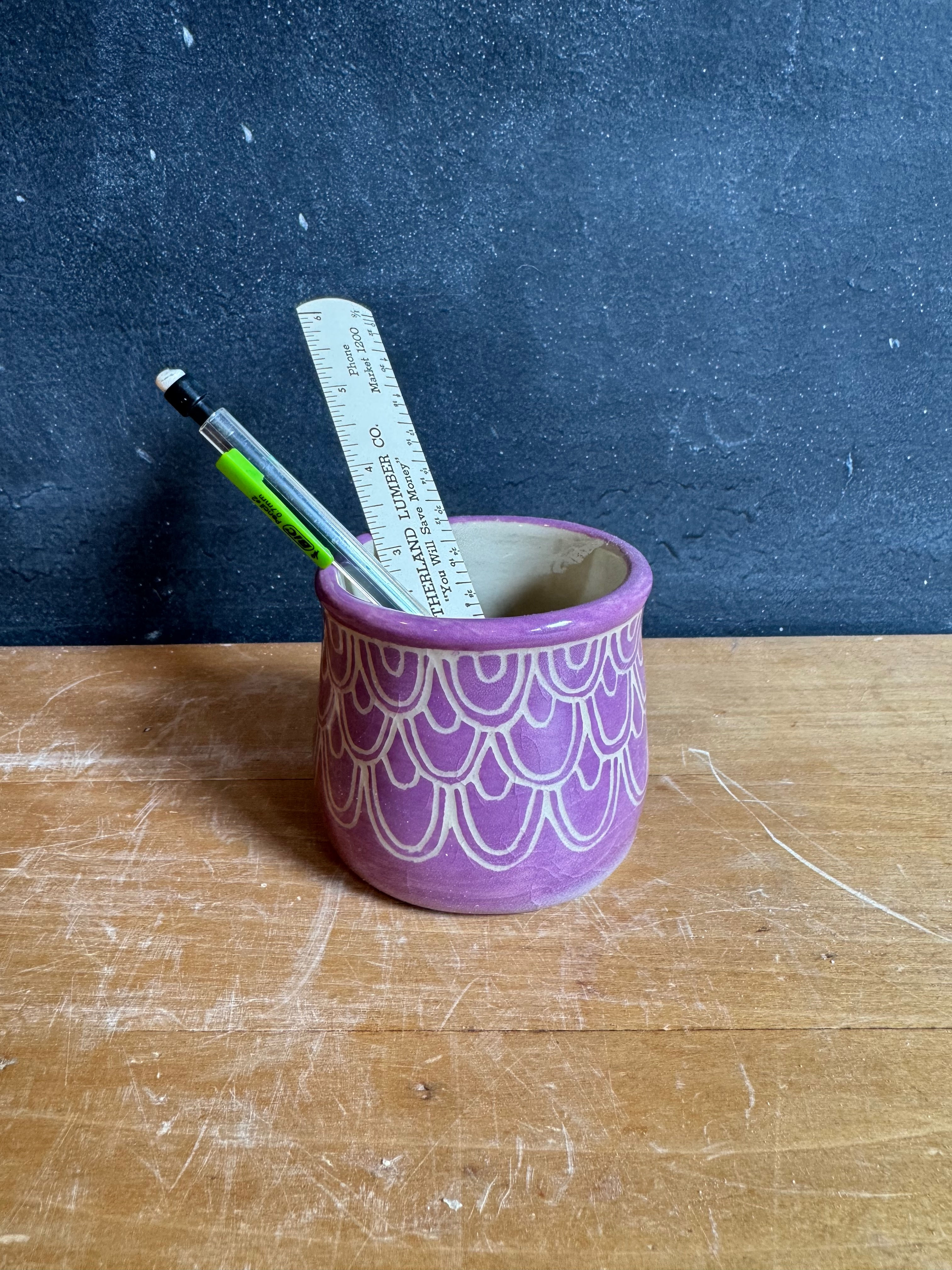 SECOND - lilac pattern sgraffito cup.