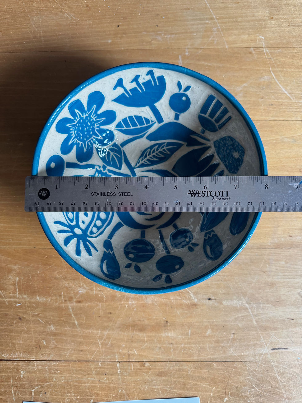 Thumbnail: Large Teal Flower Bouquet Sgraffito Bowl