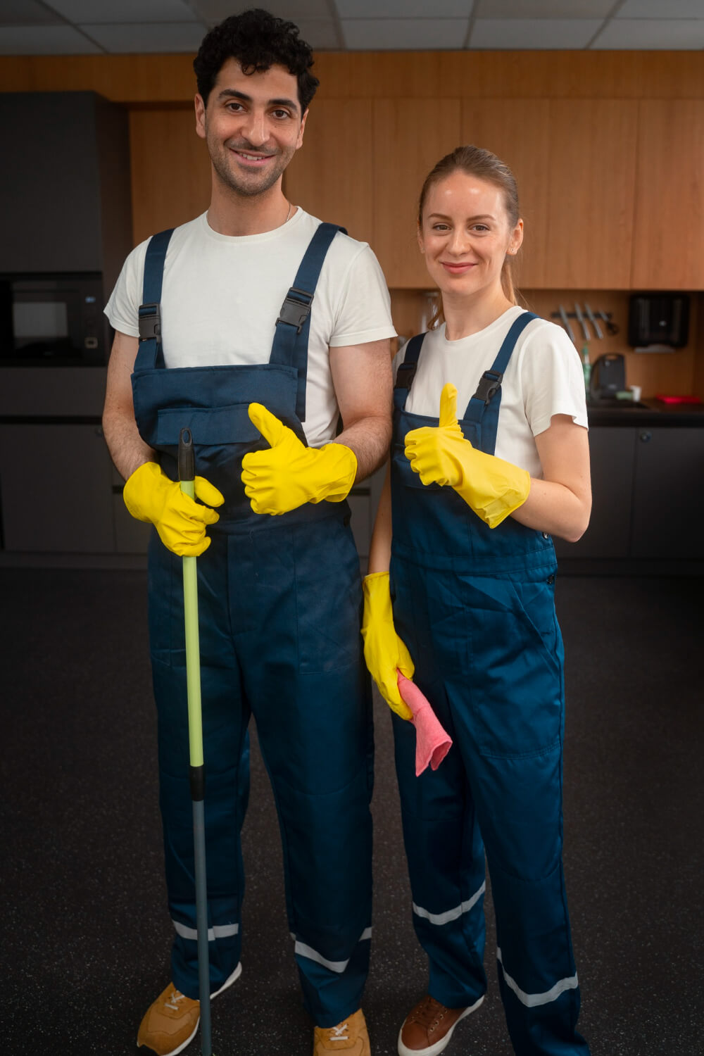happy cleaning stuff standing with cleaning equipment