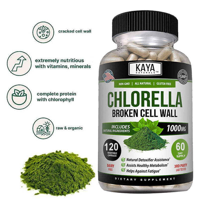 Raw Organic Chlorella Capsules, Cracked Cells, Rich in Vegetarian Protein, Vitam