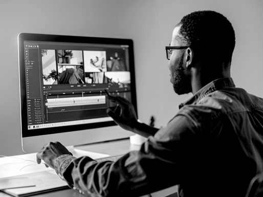 Man editing video on computer in a dimly lit room, focusing on the screen displaying multiple video clips. Black and white image.