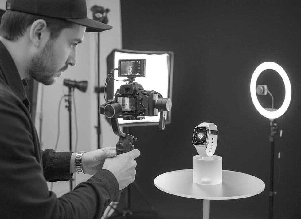 Photographer filming a smartwatch on a stand in a studio. Black and white setting with studio lights and camera equipment visible.