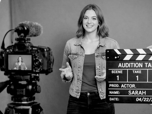 Young woman in denim jacket auditioning on camera, clapperboard reads "Audition Tape, Scene 1, Take 1, Name: Sarah, Date: 04/22/24.”