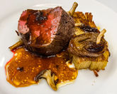 Beef Fillet, Potato Terrine & Bordelaise Sauce, with Wild Mushrooms & Roasted Shallots