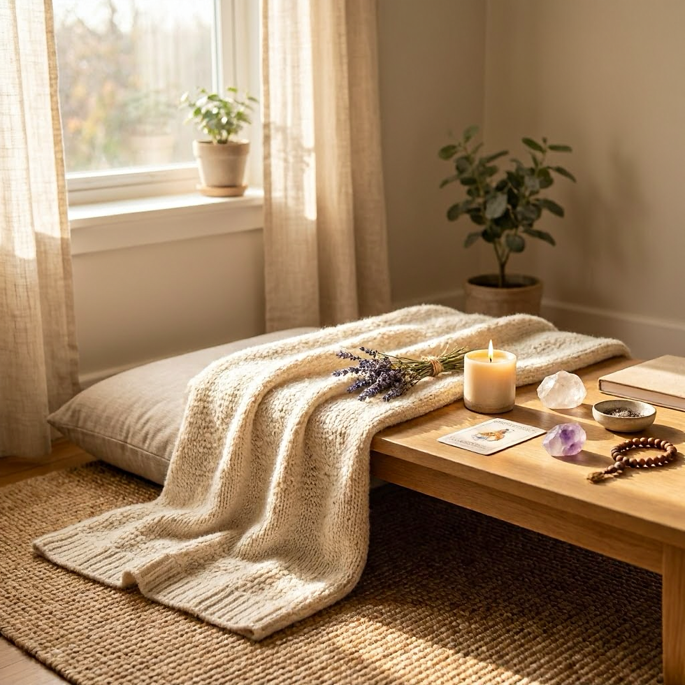 A calming photo of a cozy indoor meditation nook, with a soft blanket, a glowing candle, and a crystal bathed in warm, natural morning light representing healing from home.