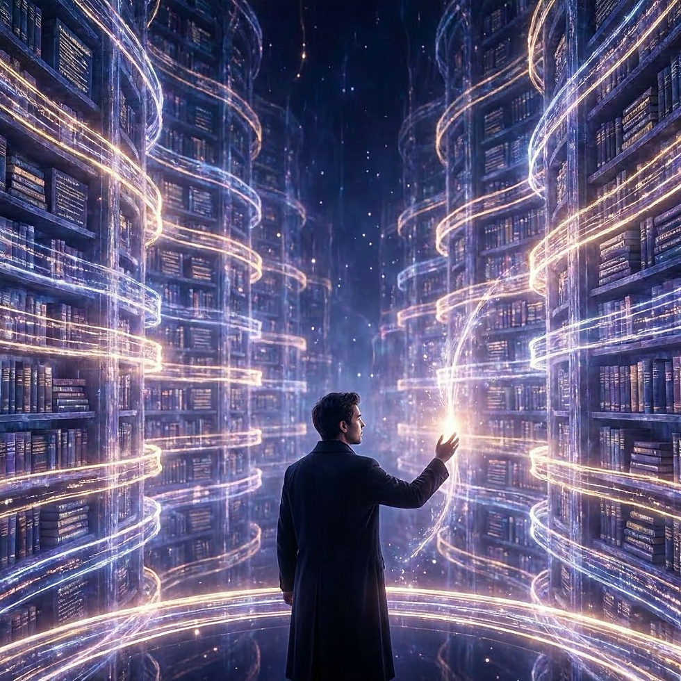 This image visualizes the abstract concept of the Akashic Records themselves, setting the stage for the reader. 