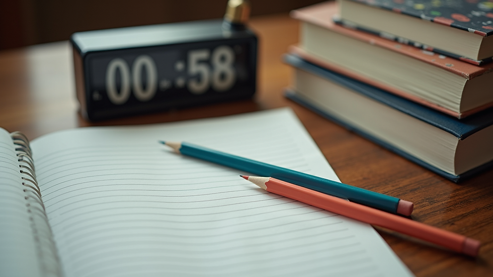 High angle view of a homework station with books, pencils, and a timer
