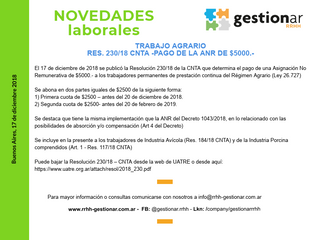 TRABAJO AGRARIO - RES. 230/18 CNTA -  Pago de ANR de $5.000.-