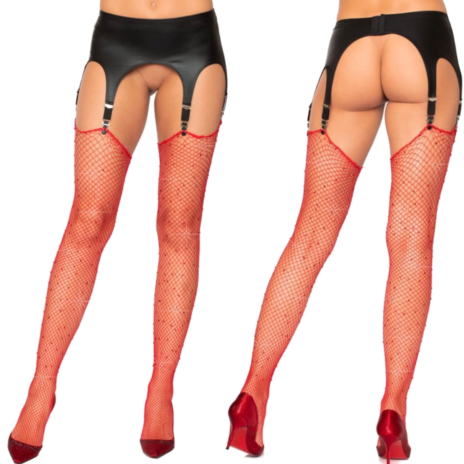 Red Rhinestone Fishnet Stocking