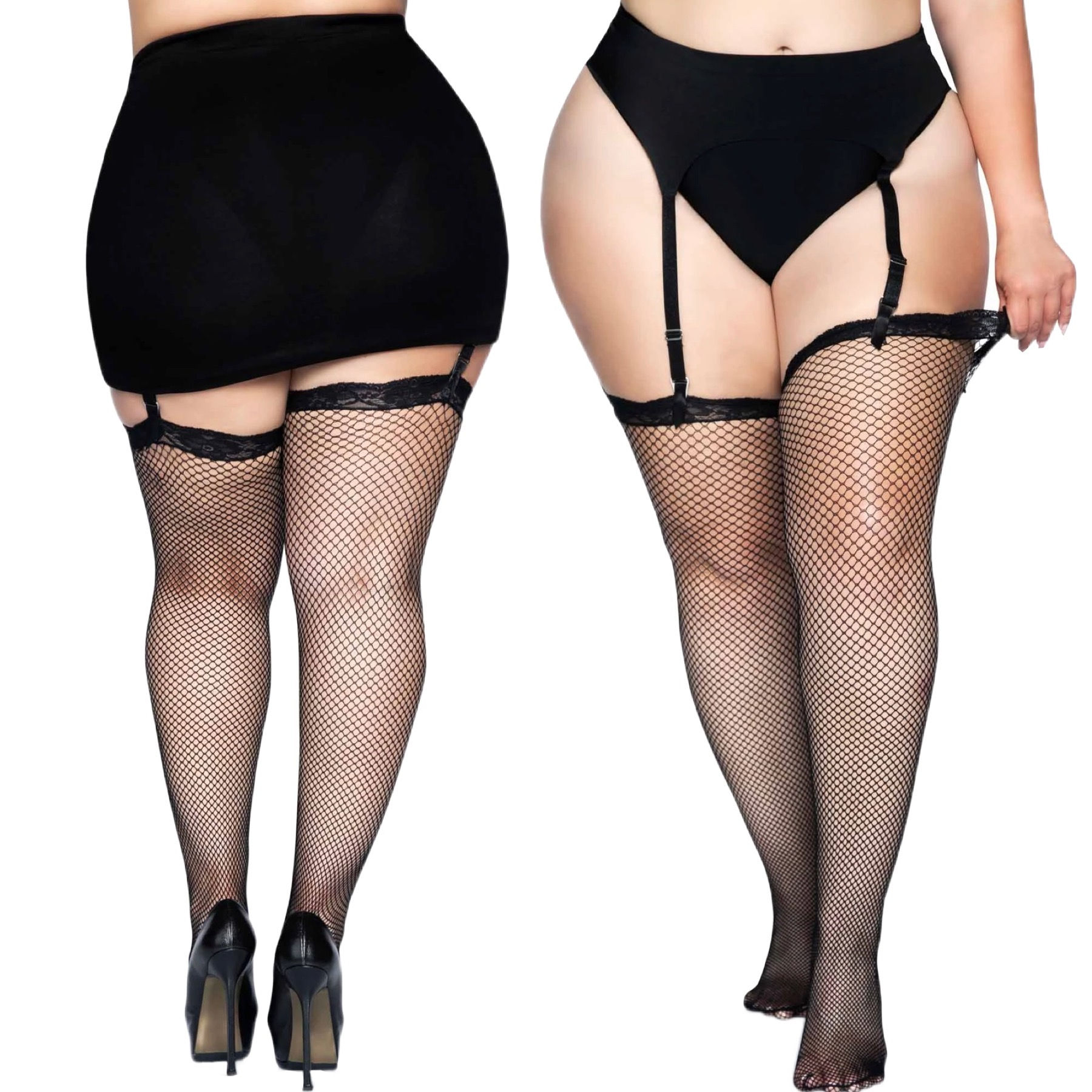 Plus Size Black fishnet thigh highs with lace top