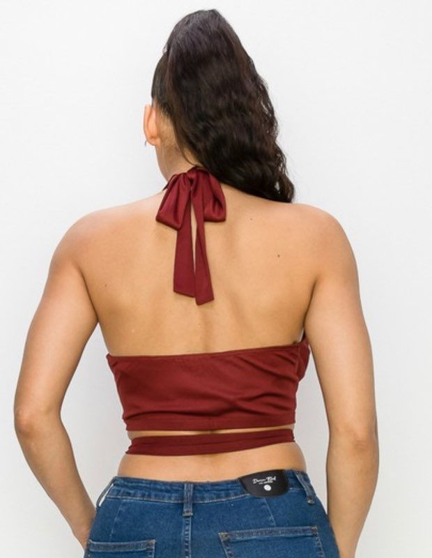 Thumbnail: Halter Neck Waist-Tie Top Burgundy 