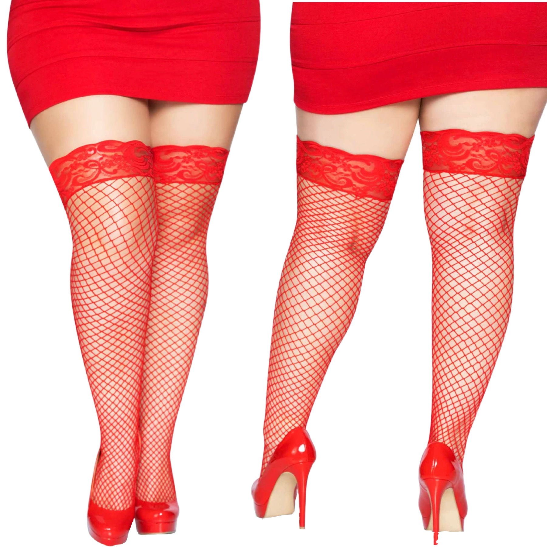 Plus size Red spandex industrial net thigh highs with stay up silicone lace top