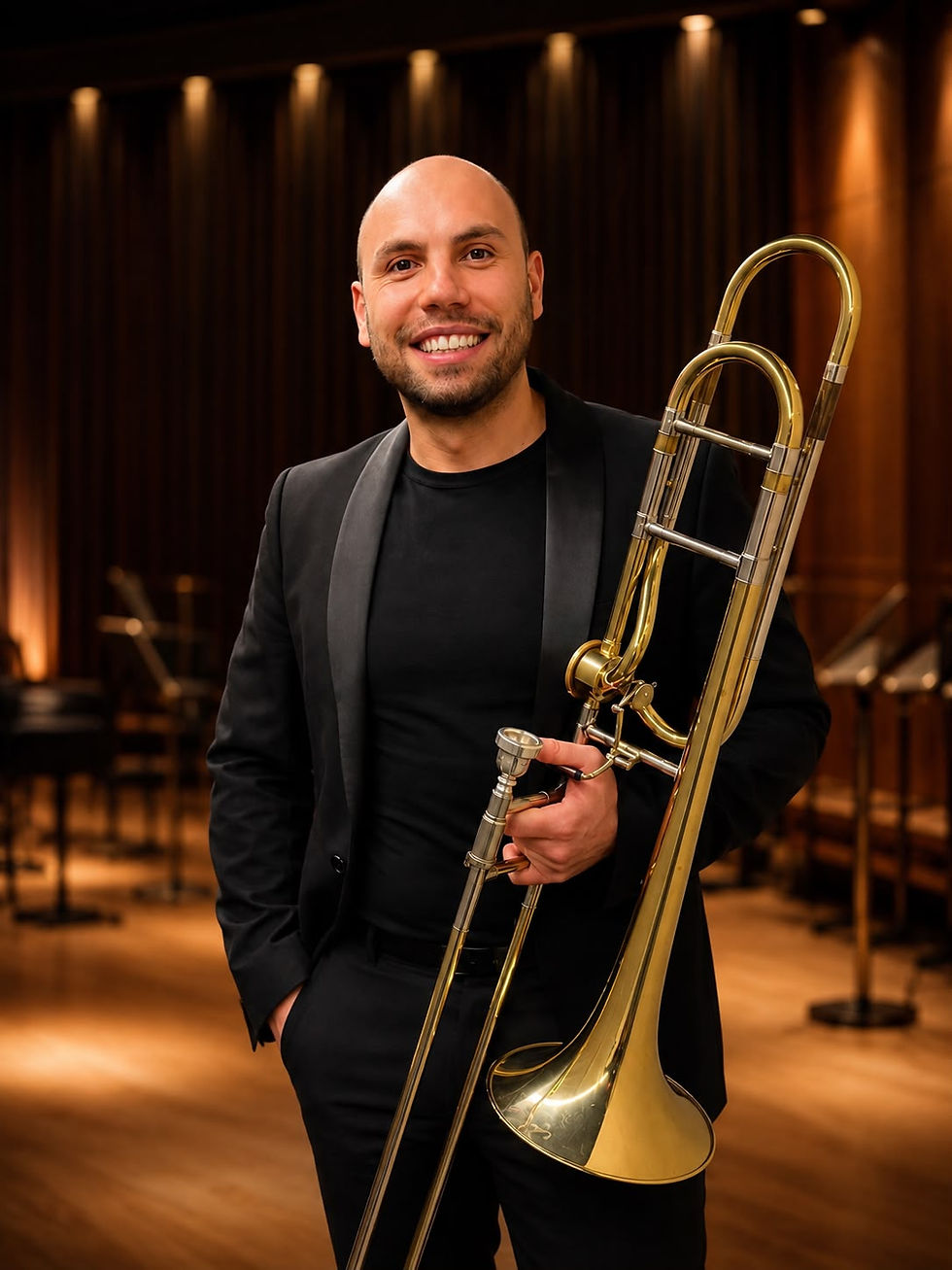 Musicien souriant tenant son trombone sur scène.