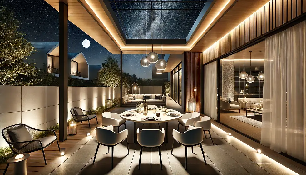 Stunning modern outdoor dining and living space designed for elegant nighttime entertaining.