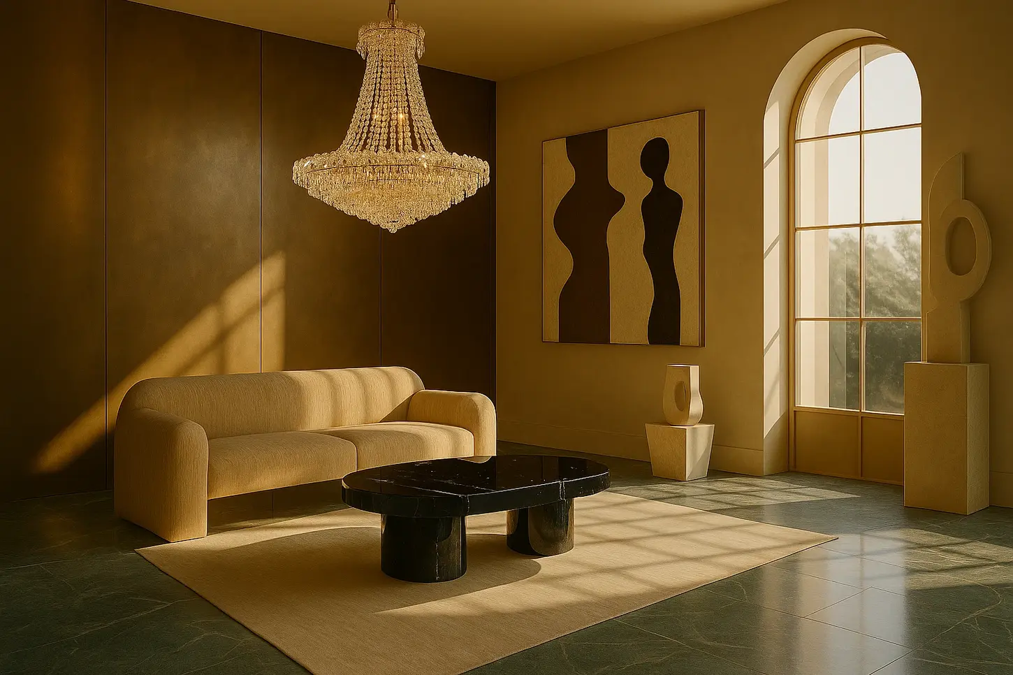 Luxury living room with boucle sofa, black marble coffee table, crystal chandelier, and arched window in warm natural light