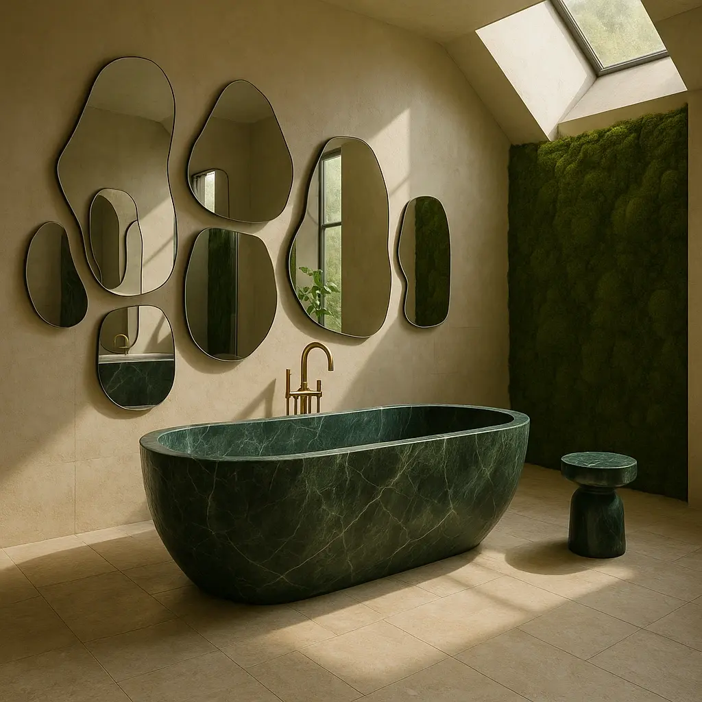 Luxury bathroom with green marble bathtub, organic wall mirrors, moss wall, and skylight in natural light