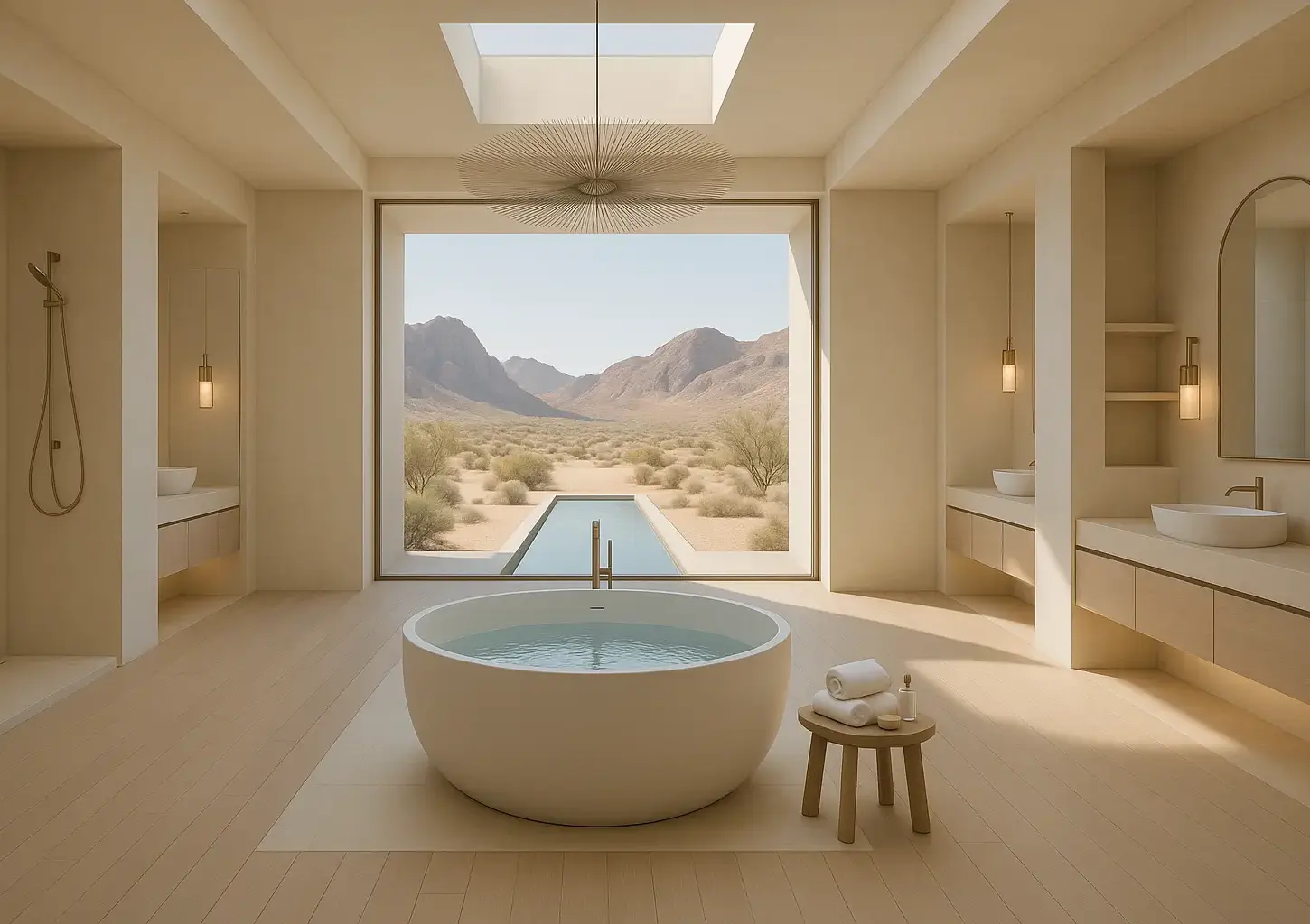 Desert spa bathroom with soaking tub, natural light, double vanities, skylight, and panoramic mountain view