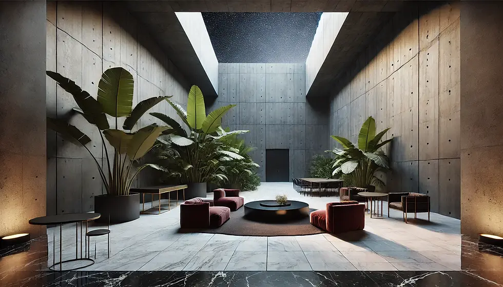 Brutalist-style interior with concrete walls, white marble floors with gold veining, and dark brown accents. The space features plush seating, large tropical plants, and minimalistic furniture, creating a striking and sophisticated ambiance.