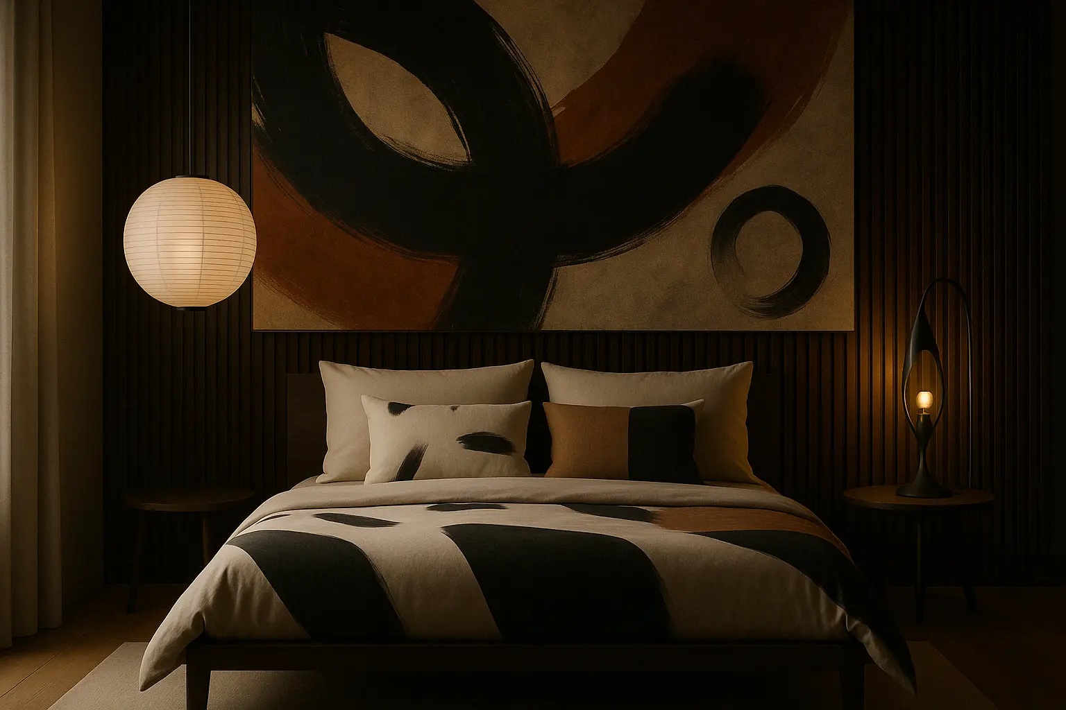 Japandi bedroom with abstract wall art, dark wood slats, bold bedding, sculptural lighting, and serene mood