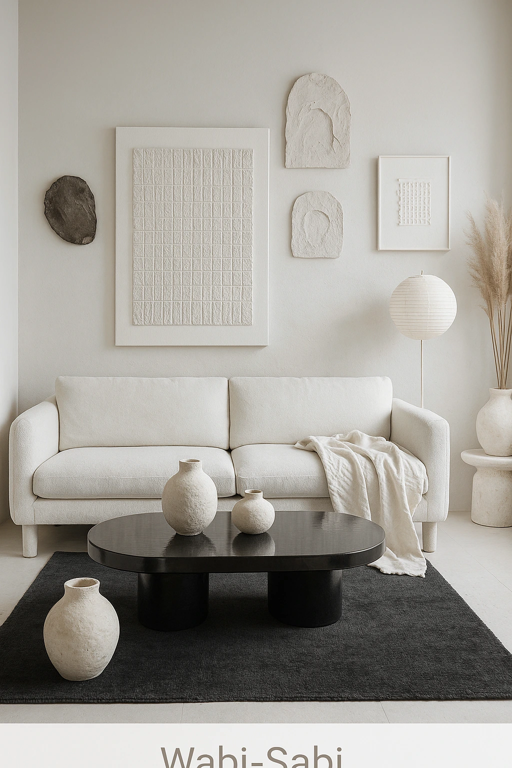 Wabi-Sabi living room with textured white decor, minimalist sofa, black coffee table, and natural ceramics