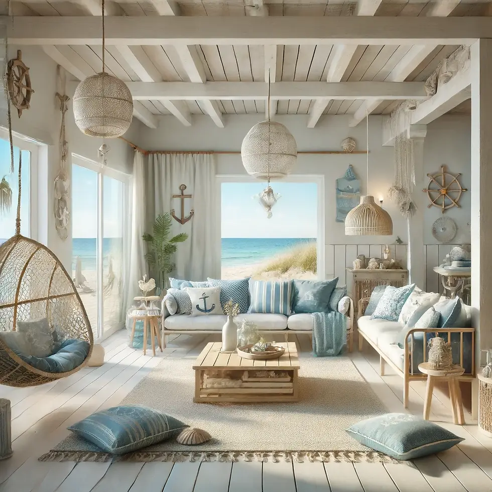 This image captures a charming coastal living room with a stunning beachfront view. The room is decorated in a soothing palette of whites, blues, and natural wood tones, reflecting a nautical theme. Comfortable seating, including a cozy rattan hanging chair and plush sofas adorned with patterned pillows, invites relaxation. Nautical accents such as anchors, ship wheels, and seashells enhance the beach-inspired ambiance. Large windows and glass doors open up to a picturesque ocean view, filling the space with natural light. This serene and airy living room offers a perfect retreat, blending indoor comfort with the beauty of the seaside.