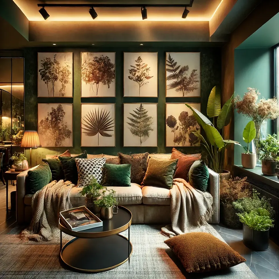 This image showcases a cozy living room enriched with botanical decor and earthy tones, creating a warm and inviting ambiance. The centerpiece of the room is a comfortable sofa adorned with a variety of plush pillows and a soft throw blanket, surrounded by a lush array of potted plants that bring nature indoors. The walls are decorated with a stunning collection of botanical prints, enhancing the natural theme. A stylish, round coffee table holds a few decorative items and a plant, contributing to the room's harmonious and serene atmosphere. Track lighting and a table lamp provide soft illumination, making this living space an ideal retreat for relaxation and comfort.