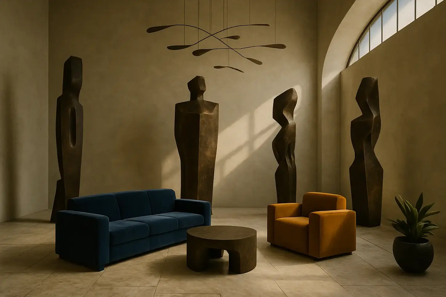 Sculptural living space with bronze monoliths, navy and amber seating, curved coffee table, and mobile chandelier