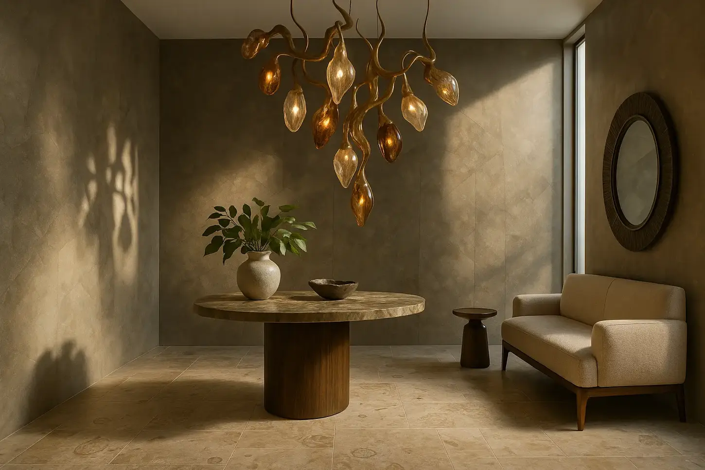 Sculptural sitting room with organic glass chandelier, stone table, wood-framed sofa, and earthy natural textures
