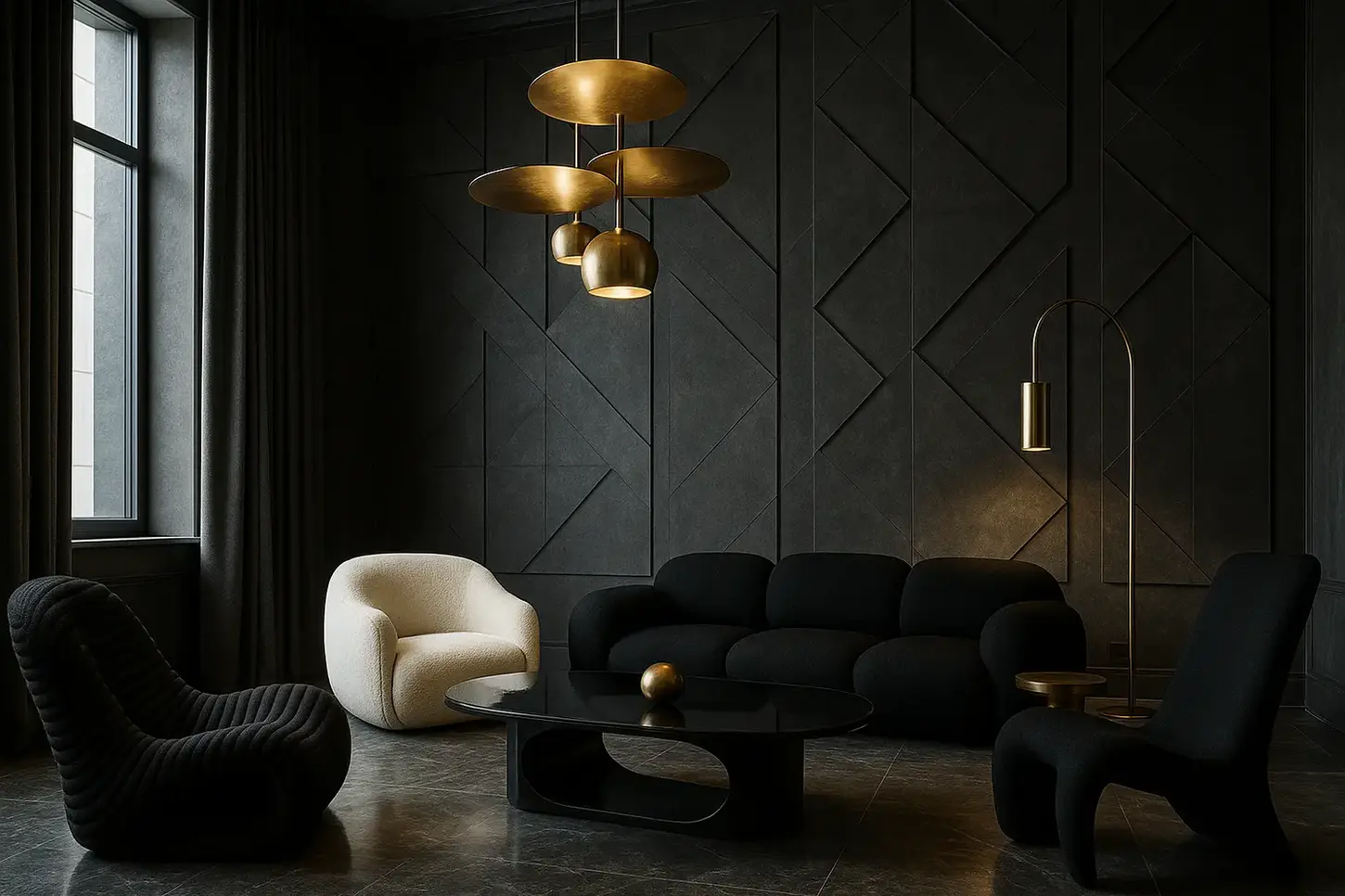 Modern black living room with sculptural seating, geometric wall panels, brass lighting, and boucle accent chair