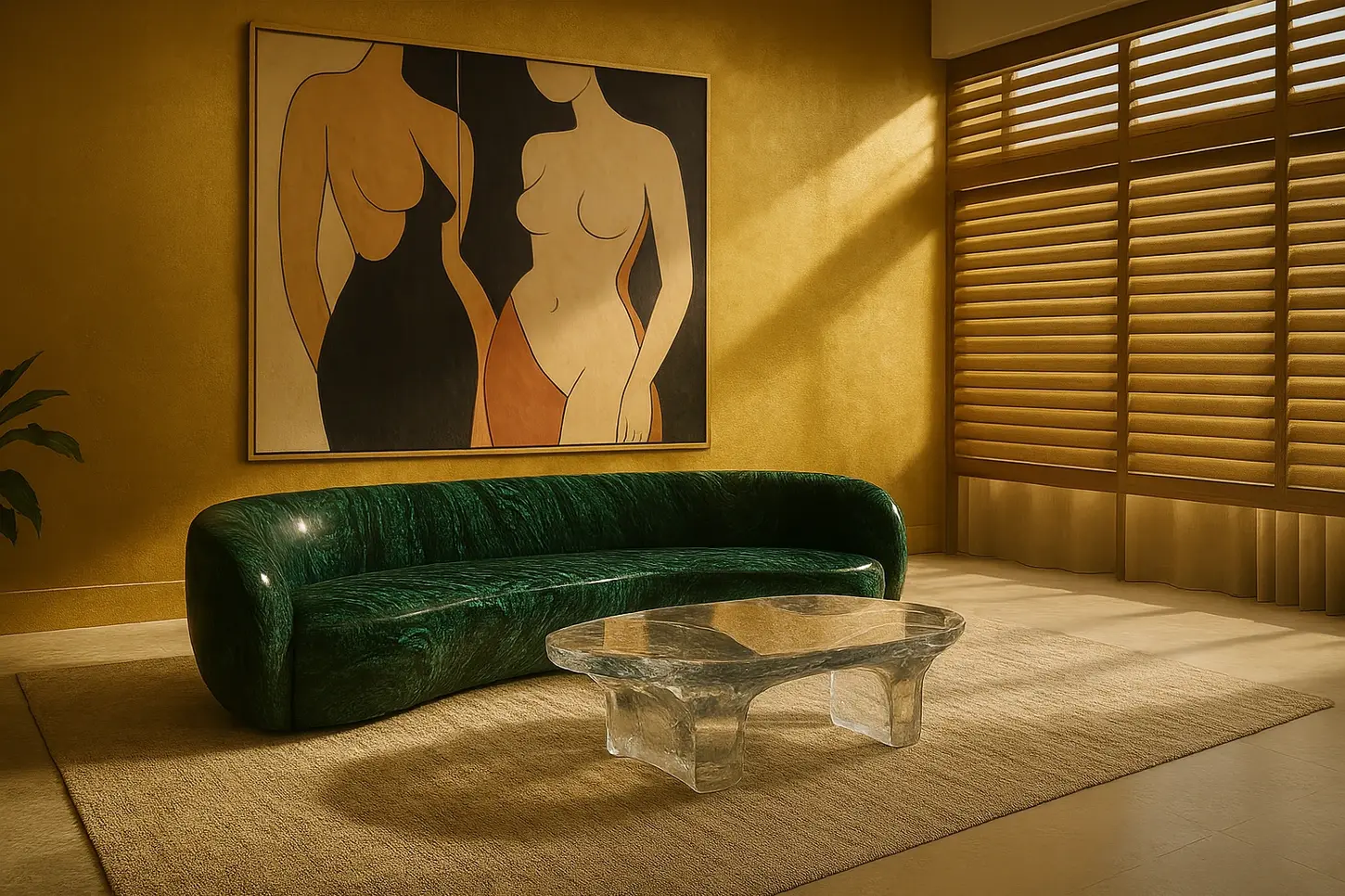 Luxury living room with curved green sofa, sculptural lucite coffee table, and golden walls in natural light